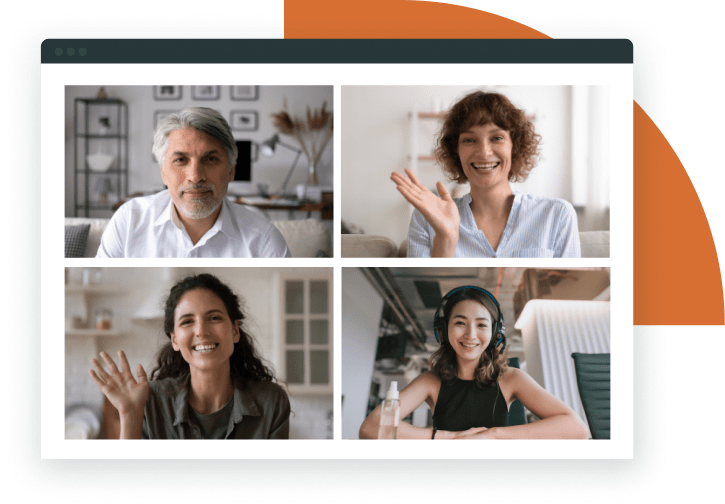 Video call with four smiling employees representing hybrid workforce engagement and virtual collaboration
