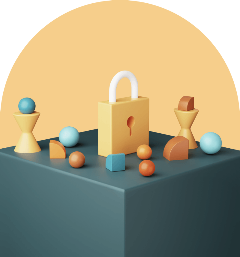 Data privacy lock and security-themed 3D objects representing trust and encryption