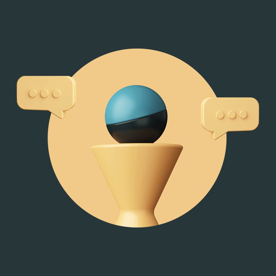 3D illustration of a trophy pedestal with a globe and chat bubbles, symbolizing recognition and impactful enterprise communication